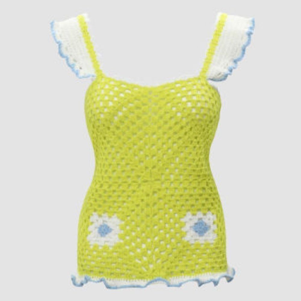 Cider Neon Green Square Neck Sleeveless Hollow Out Crochet Sweater Tank Top M